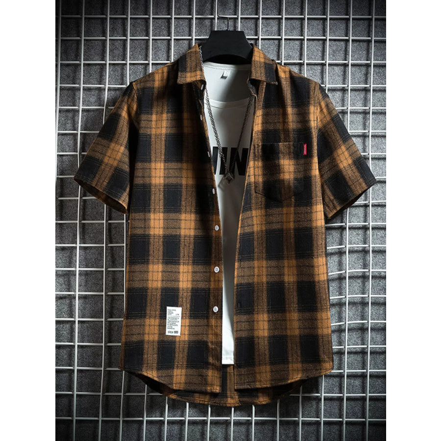 Men’s Plus Size Plaid Button Up Short-Sleeve Shirt Yellow / M Apparel and Accessories