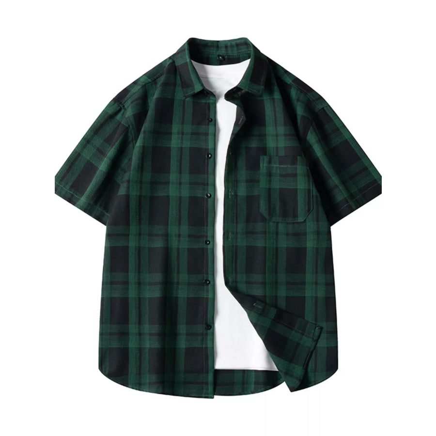 Men’s Plus Size Plaid Loose Fit Short Sleeve Shirt Dark Green / M Apparel and Accessories