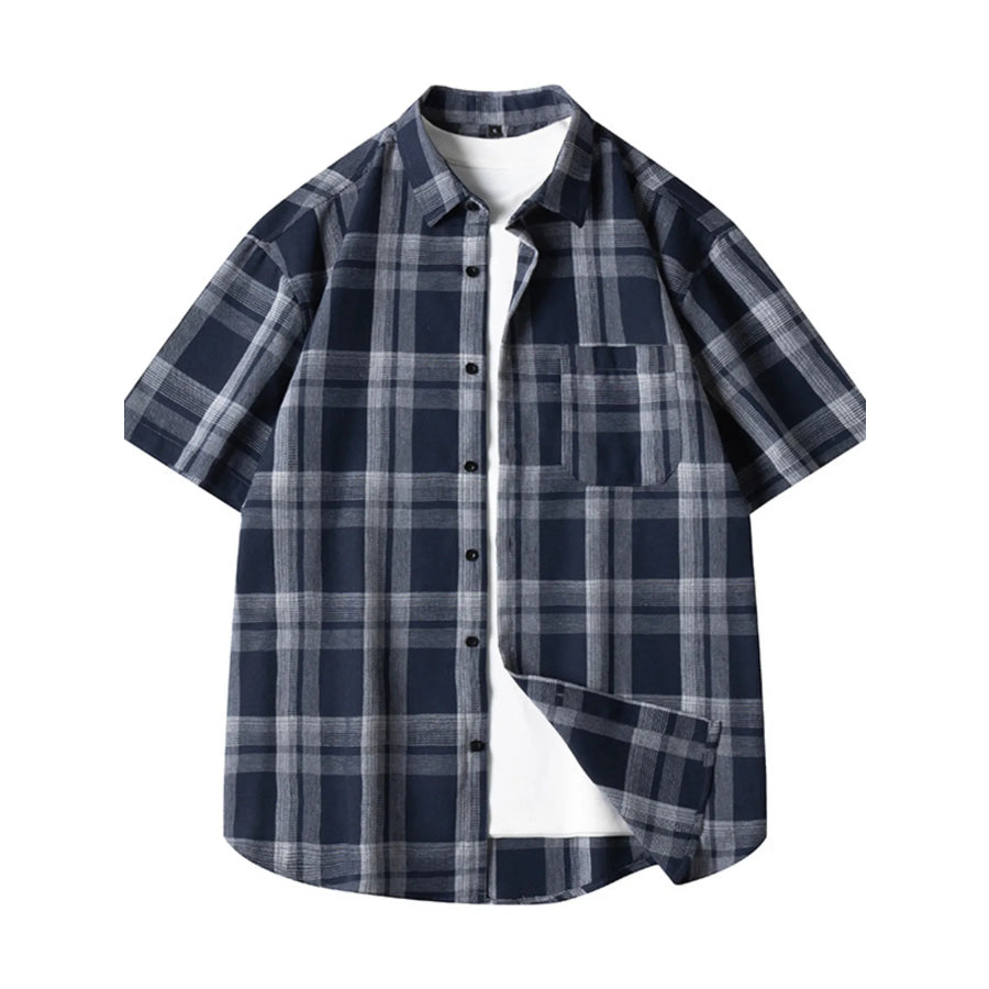 Men’s Plus Size Plaid Loose Fit Short Sleeve Shirt Navy Blue / M Apparel and Accessories