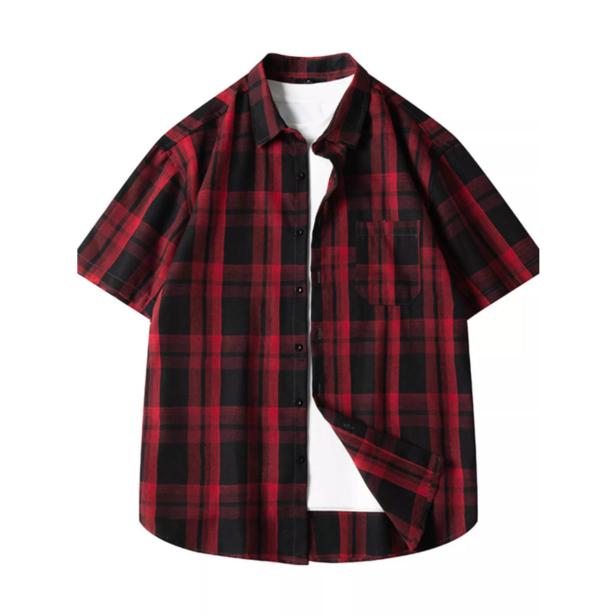 Men’s Plus Size Plaid Loose Fit Short Sleeve Shirt Red / M Apparel and Accessories