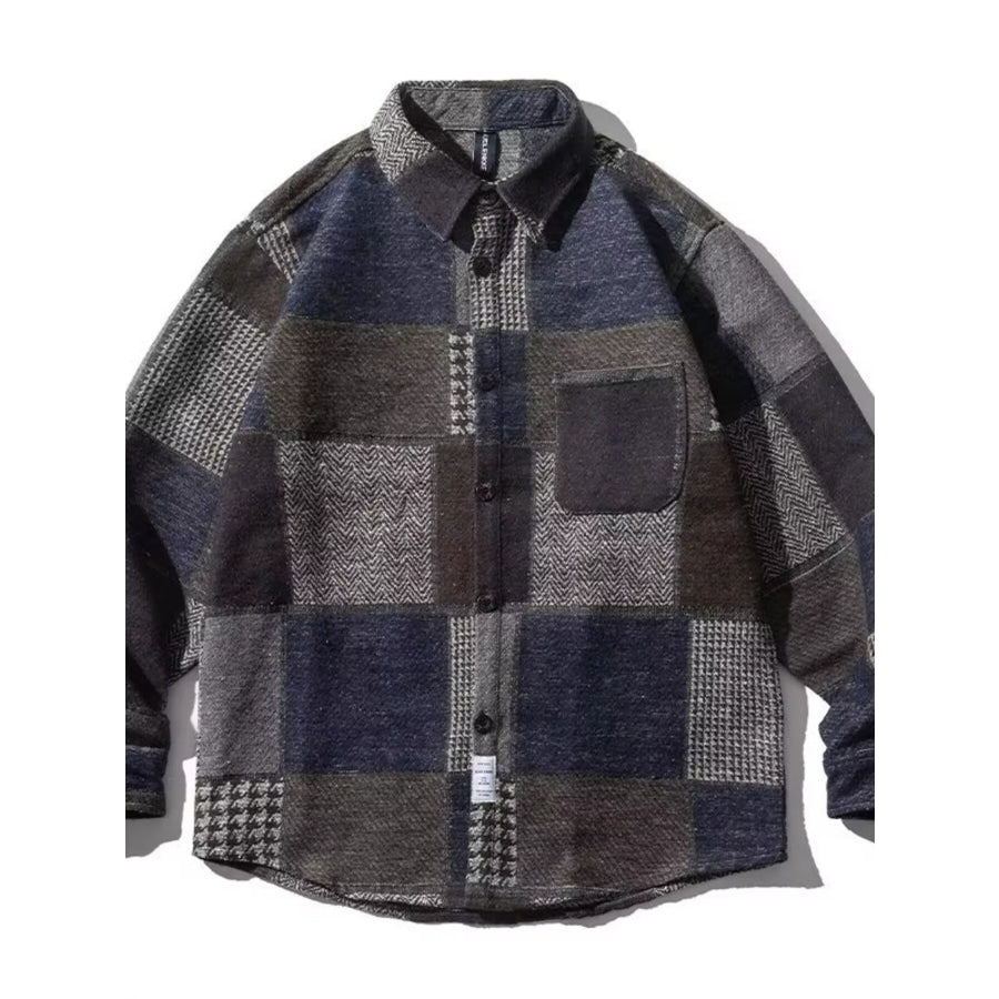 Men’s Plus Size Plaid Patchwork Button Up Shacket Blue / M Apparel and Accessories