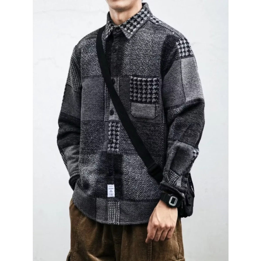 Men’s Plus Size Plaid Patchwork Button Up Shacket Apparel and Accessories