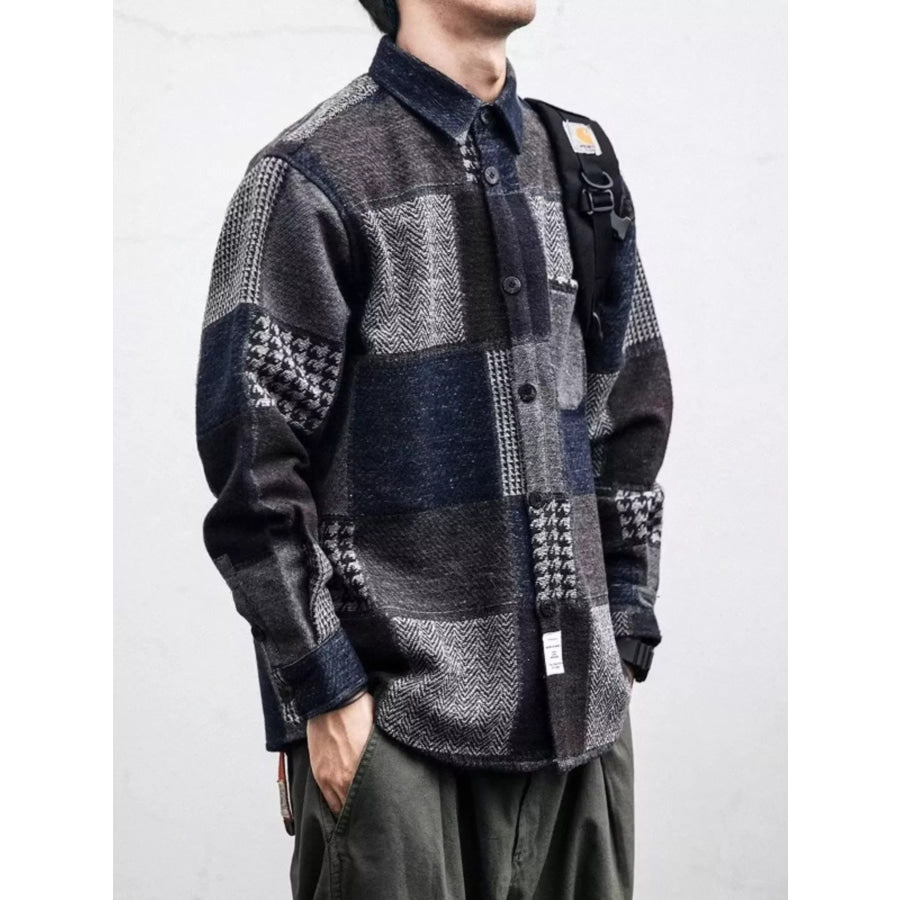 Men’s Plus Size Plaid Patchwork Button Up Shacket Blue / M Apparel and Accessories