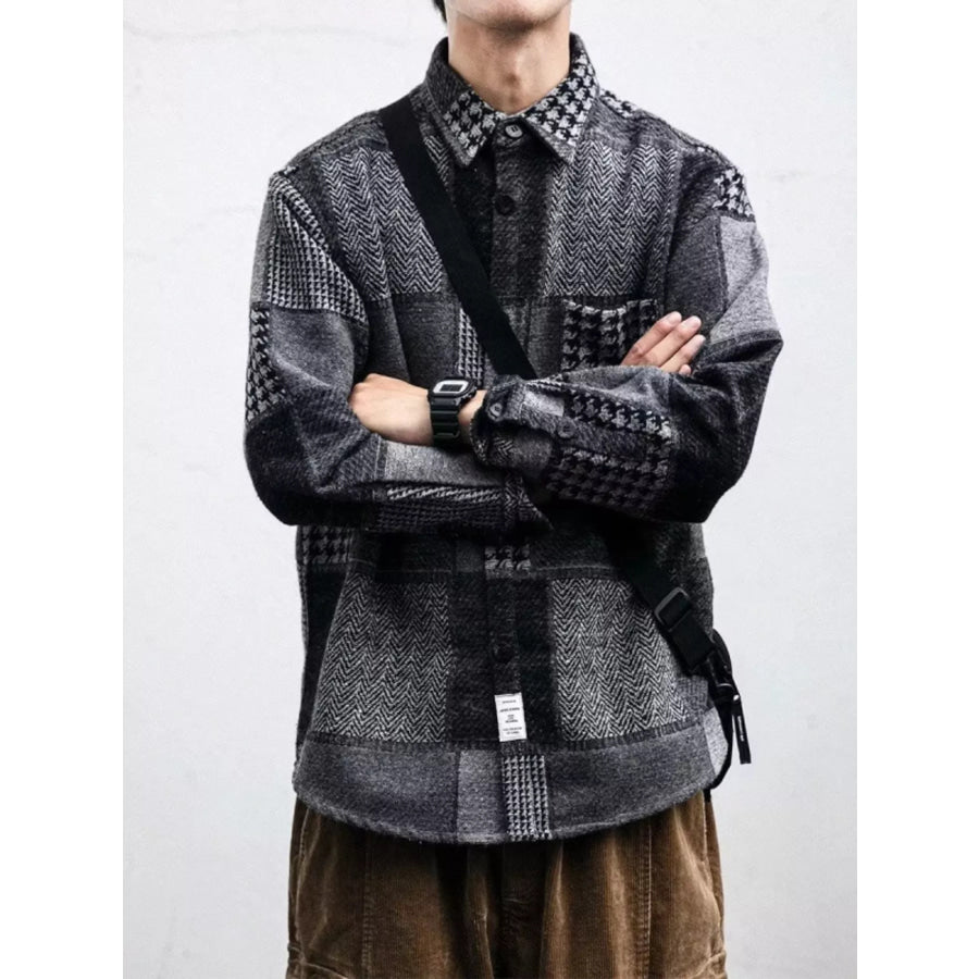 Men’s Plus Size Plaid Patchwork Button Up Shacket Gray / M Apparel and Accessories
