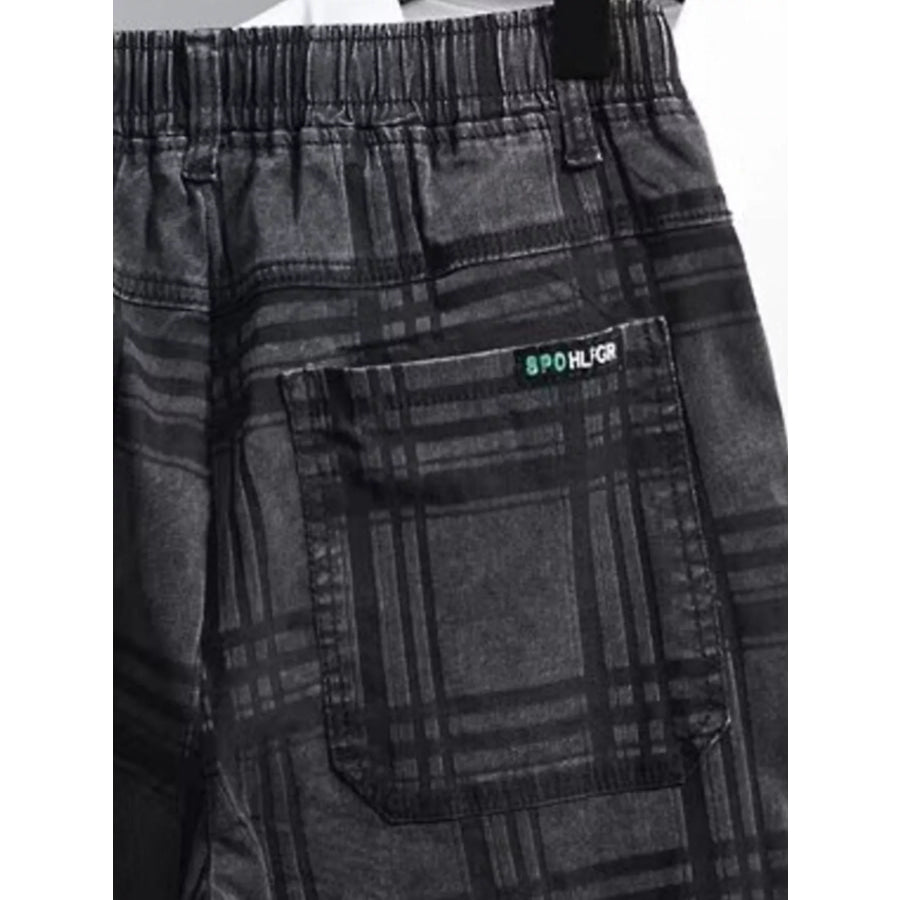 Men’s Plus Size Plaid Pattern Elastic Waist Denim Shorts Apparel and Accessories