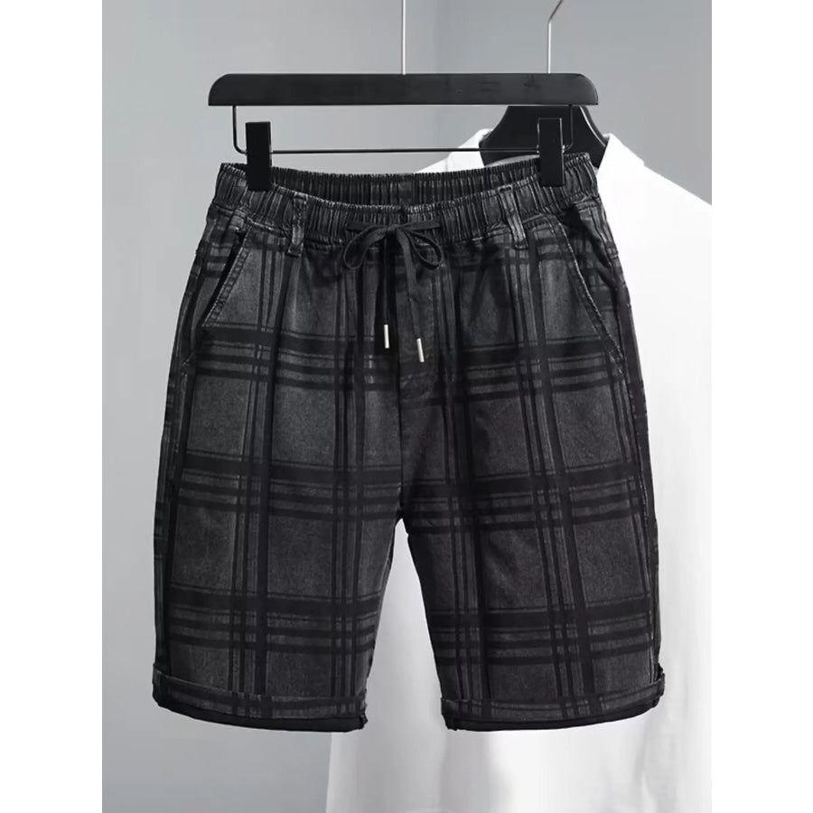 Men’s Plus Size Plaid Pattern Elastic Waist Denim Shorts Apparel and Accessories
