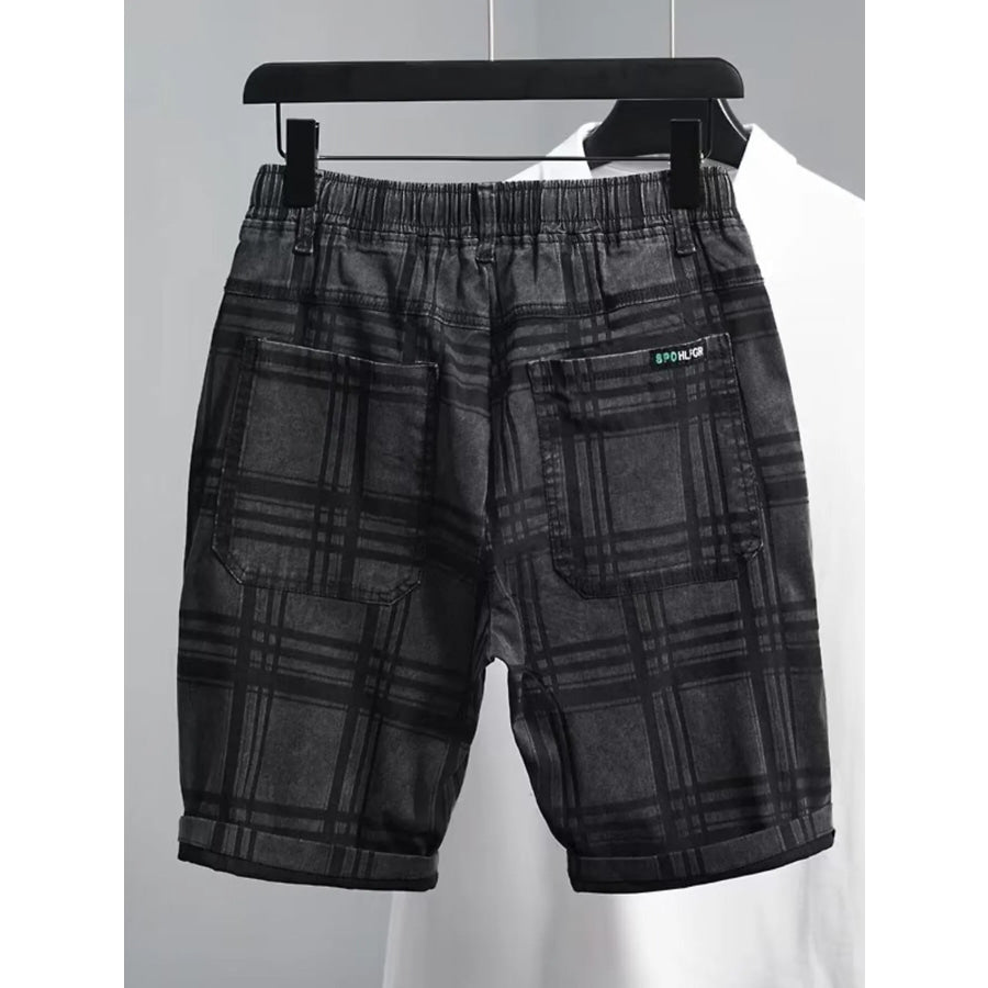 Men’s Plus Size Plaid Pattern Elastic Waist Denim Shorts Black / M Apparel and Accessories