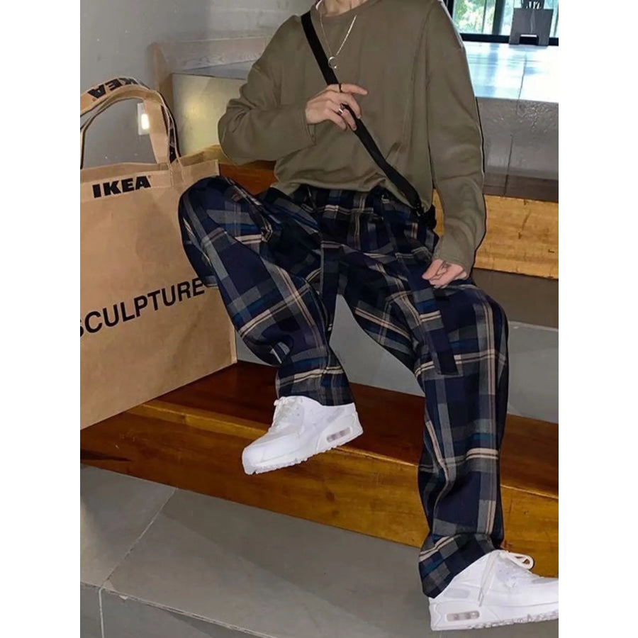 Men’s Plus Size Plaid Pattern Relaxed Fit Pants Black / M Apparel and Accessories