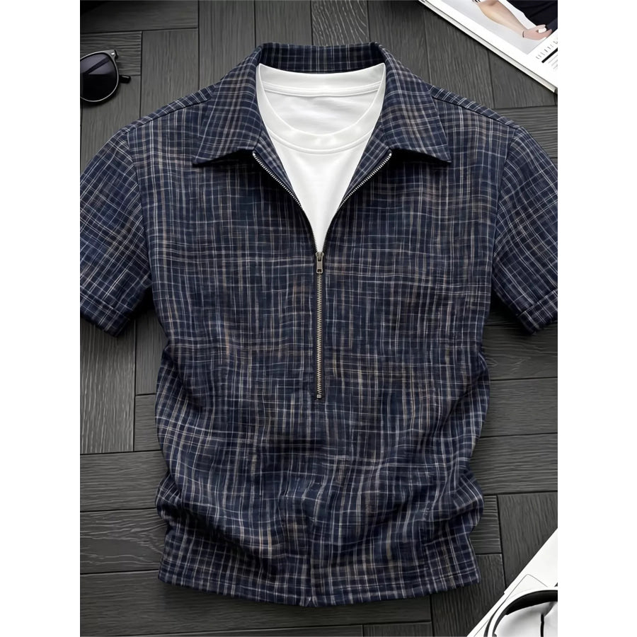 Men’s Plus Size Plaid Zipper Short Sleeve Shirt Navy Blue / M Apparel and Accessories