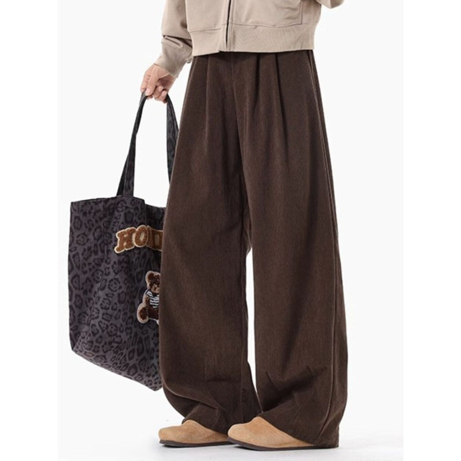 Men’s Plus Size Pleated Detail Wide Leg Pants Brown / M Apparel and Accessories