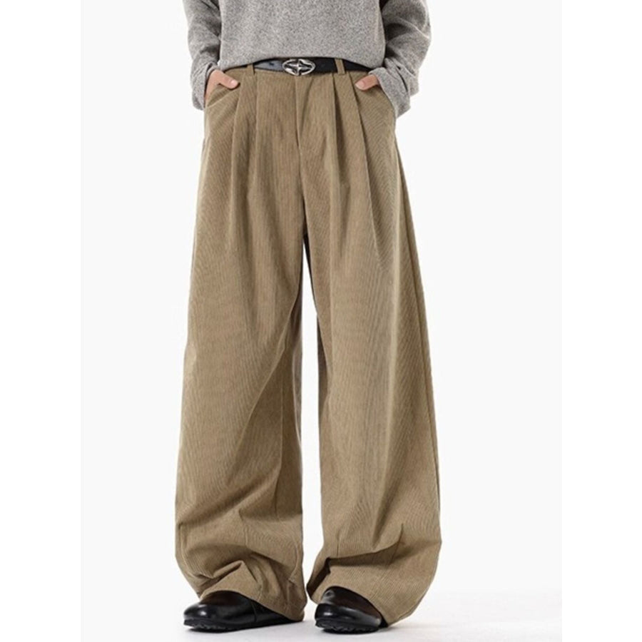 Men’s Plus Size Pleated Detail Wide Leg Pants Khaki / M Apparel and Accessories