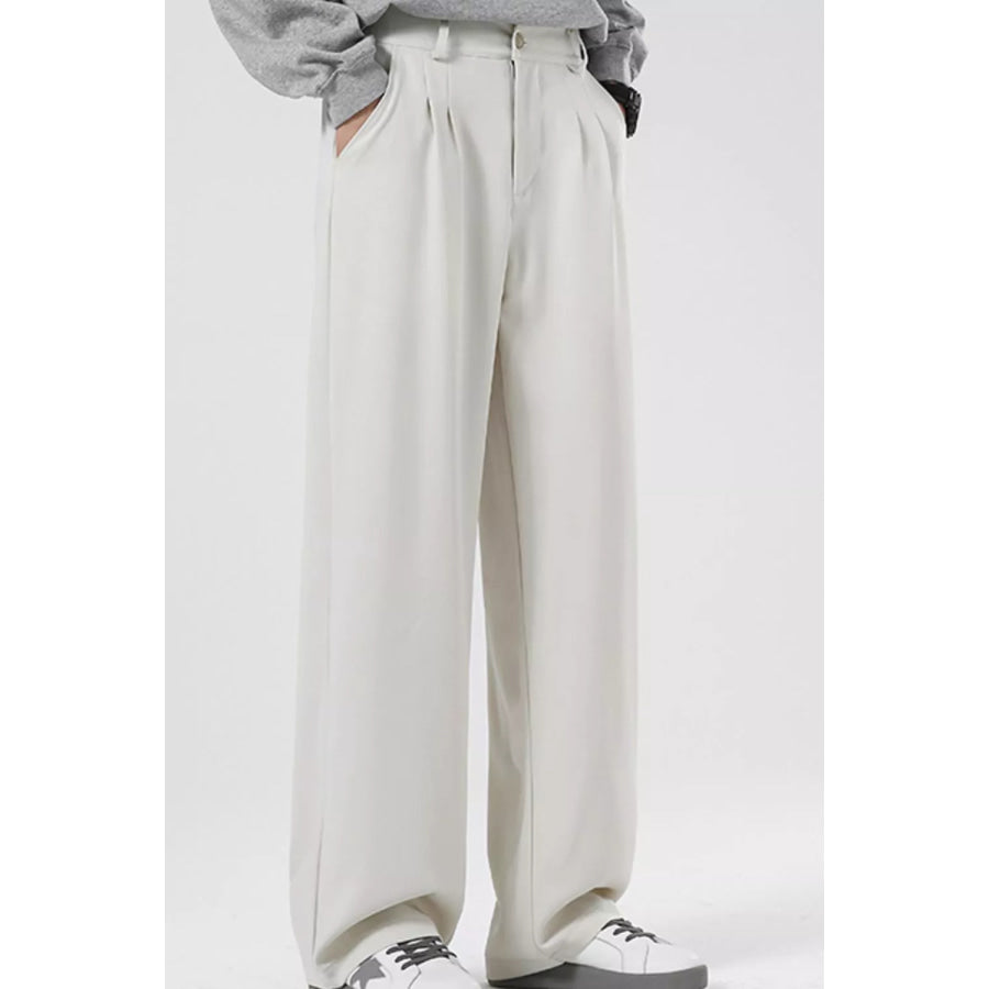 Men’s Plus Size Pleated Wide Leg Casual Pants Cream / M Apparel and Accessories