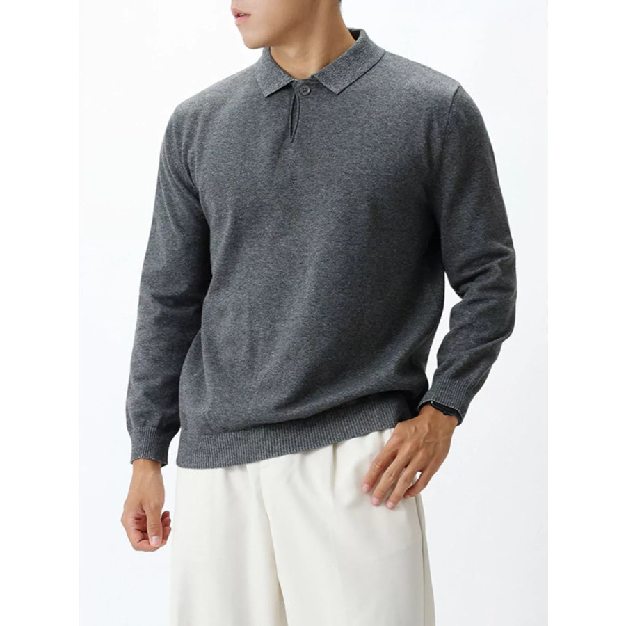 Men’s Plus Size Polo Collar Long Sleeve Sweater Flower Dark Gray / M Apparel and Accessories