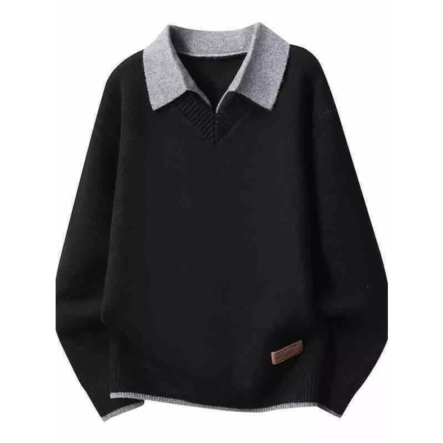 Men’s Plus Size Polo Collar Long Sleeve Sweater Black / M Apparel and Accessories