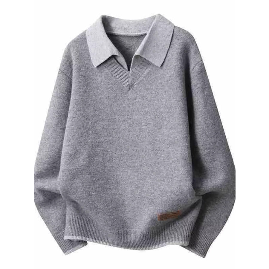 Men’s Plus Size Polo Collar Long Sleeve Sweater Gray / M Apparel and Accessories