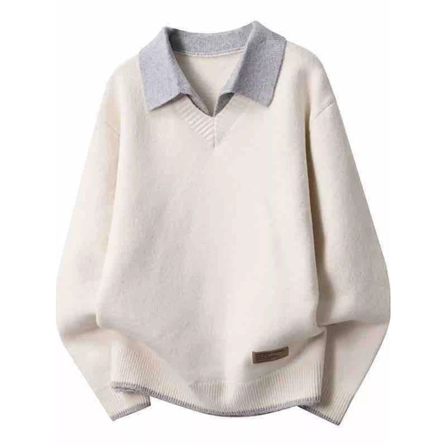 Men’s Plus Size Polo Collar Long Sleeve Sweater Off-white / M Apparel and Accessories