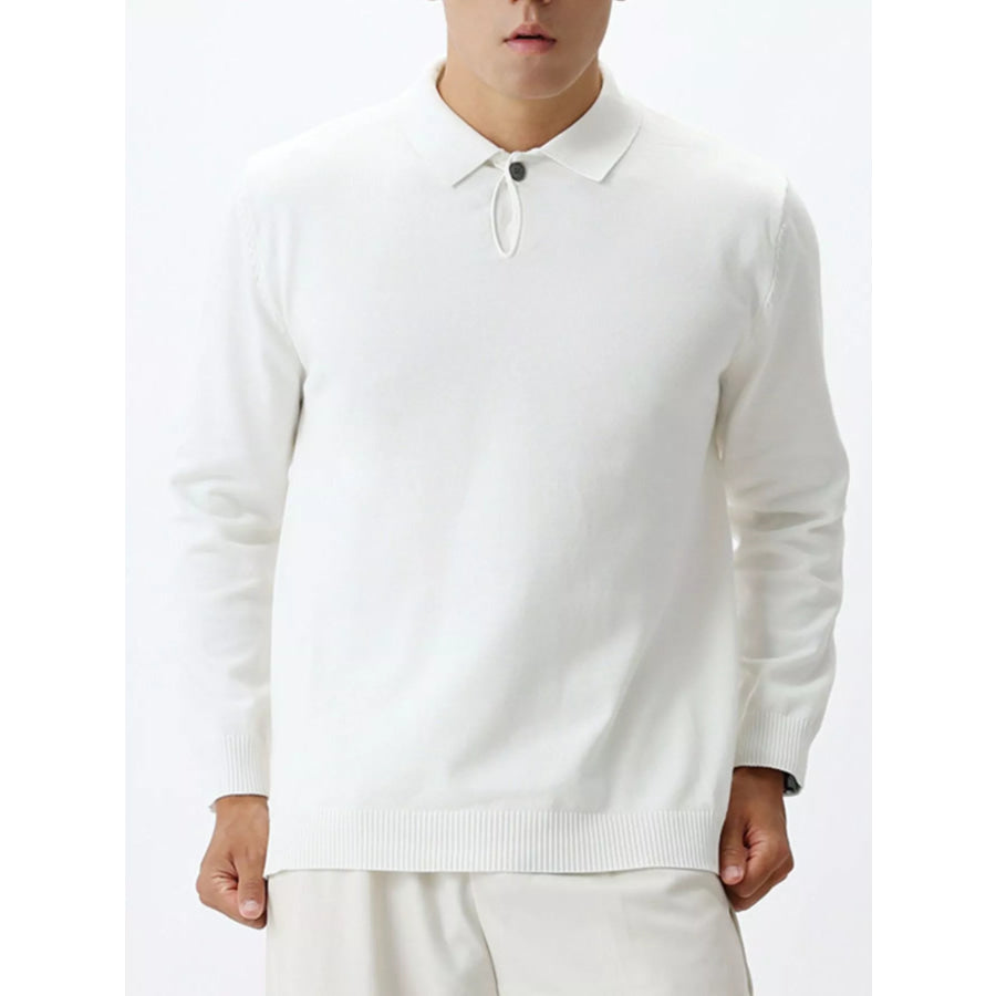 Men’s Plus Size Polo Collar Long Sleeve Sweater White / M Apparel and Accessories