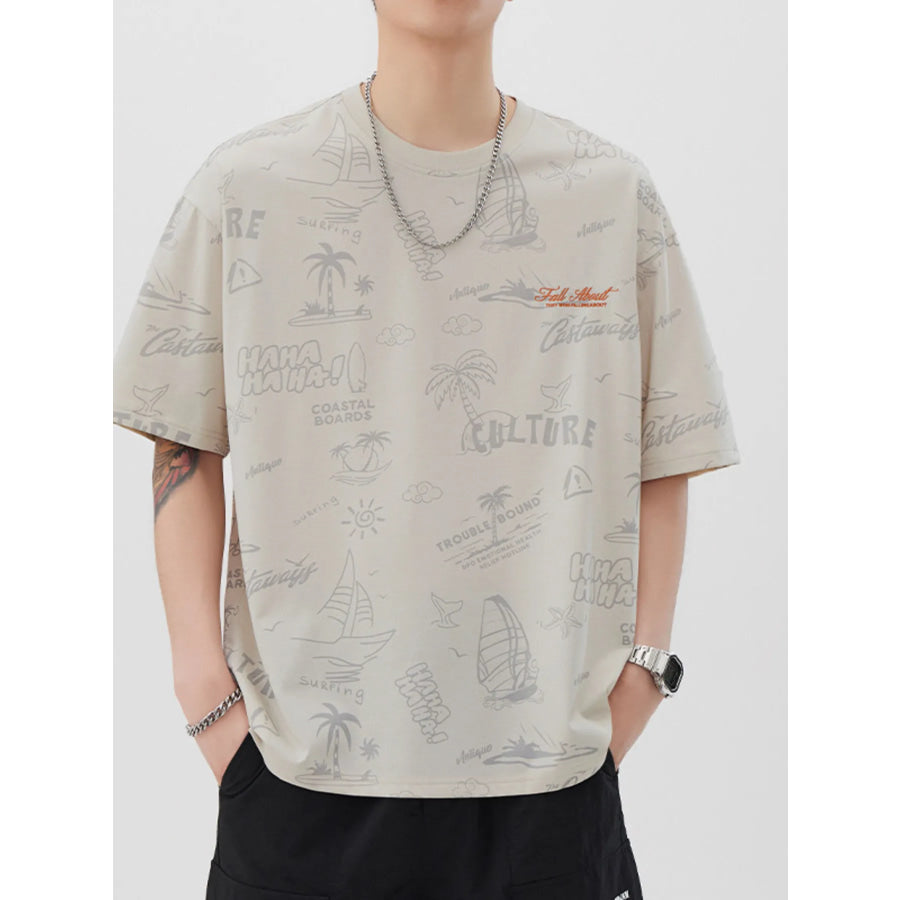 Men’s Plus Size Printed Round Neck Relaxed Fit T-Shirt Apricot / M Apparel and Accessories