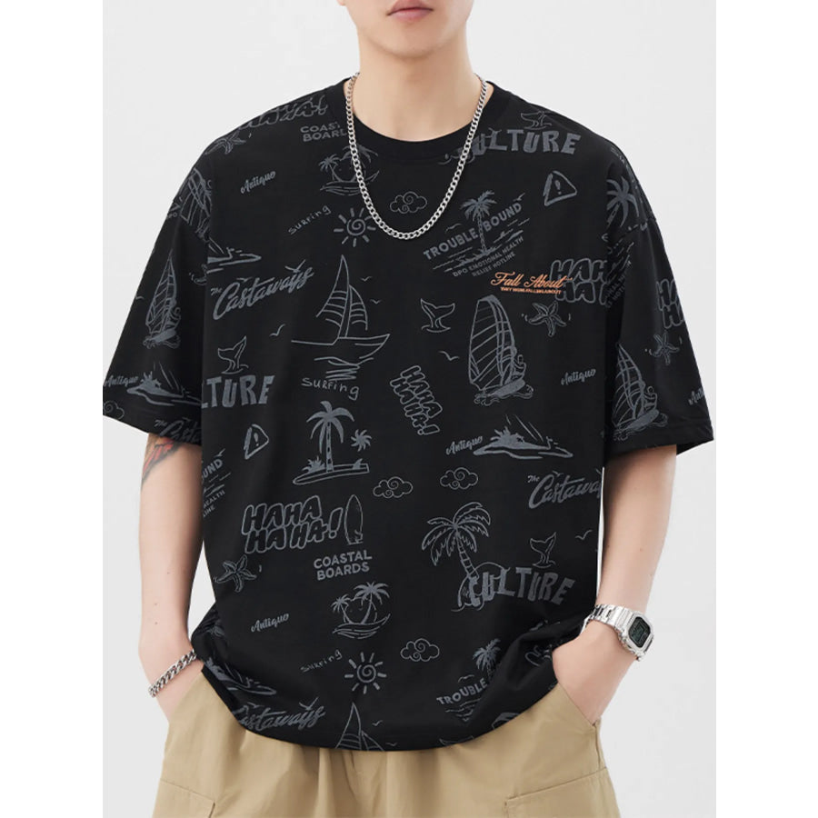 Men’s Plus Size Printed Round Neck Relaxed Fit T-Shirt Black / M Apparel and Accessories