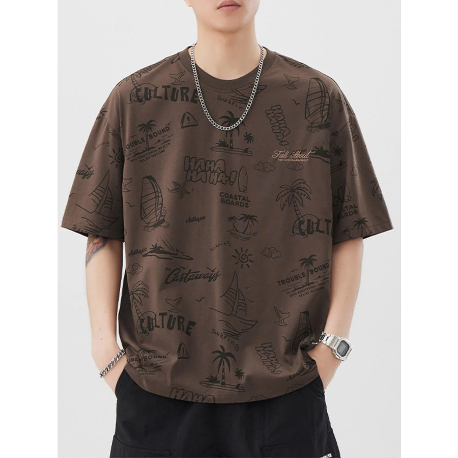 Men’s Plus Size Printed Round Neck Relaxed Fit T-Shirt Brown / M Apparel and Accessories