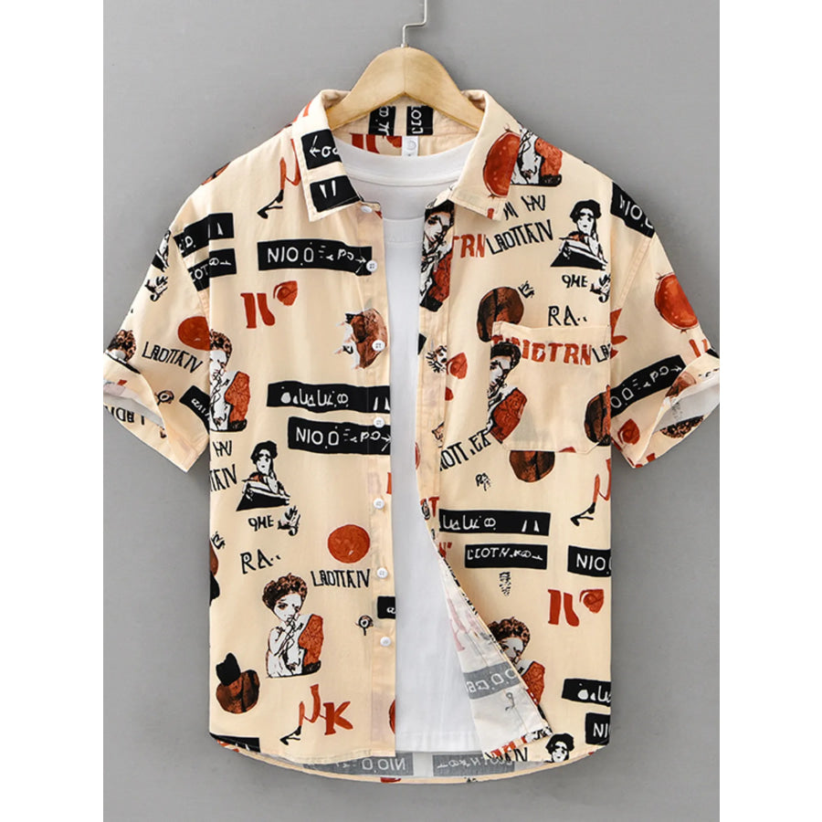 Men’s Plus Size Printed Short Sleeve Casual Shirt Apricot / M Apparel and Accessories