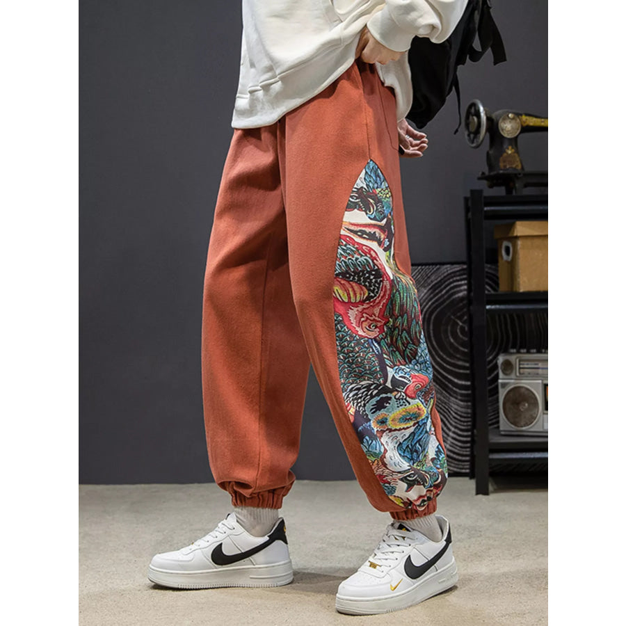 Men’s Plus Size Printed Side Panel Joggers Orange Red / M Apparel and Accessories