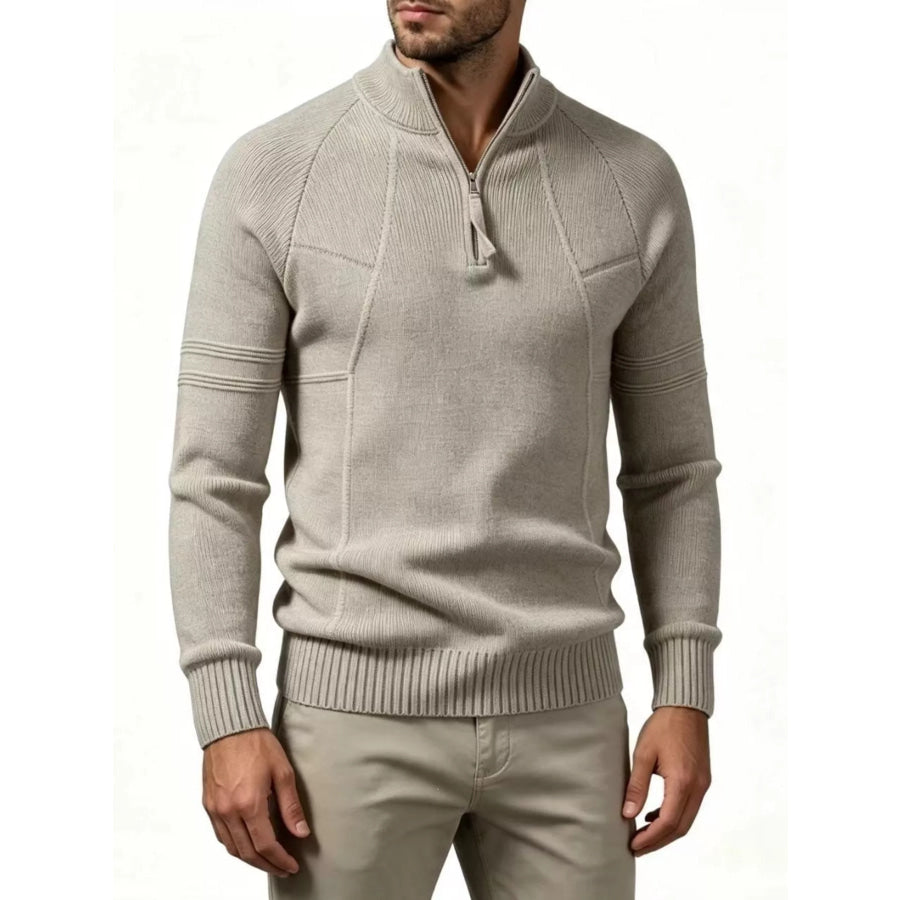 Men’s Plus Size Quarter-Zip Ribbed Knit Sweater Khaki / M Apparel and Accessories
