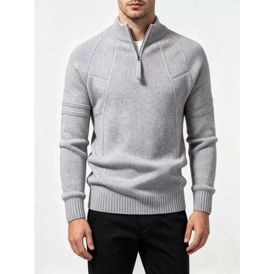 Men’s Plus Size Quarter-Zip Ribbed Knit Sweater Light Gray / M Apparel and Accessories