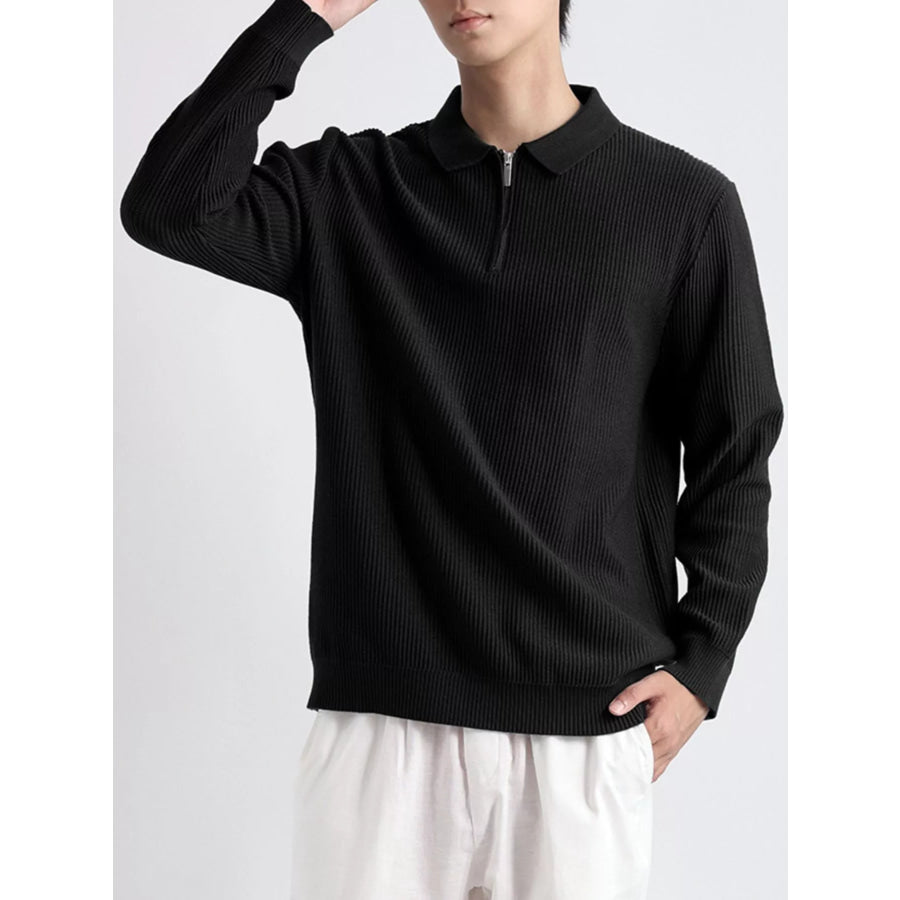 Men’s Plus Size Quarter-Zip Ribbed Knit Top Black / M Apparel and Accessories