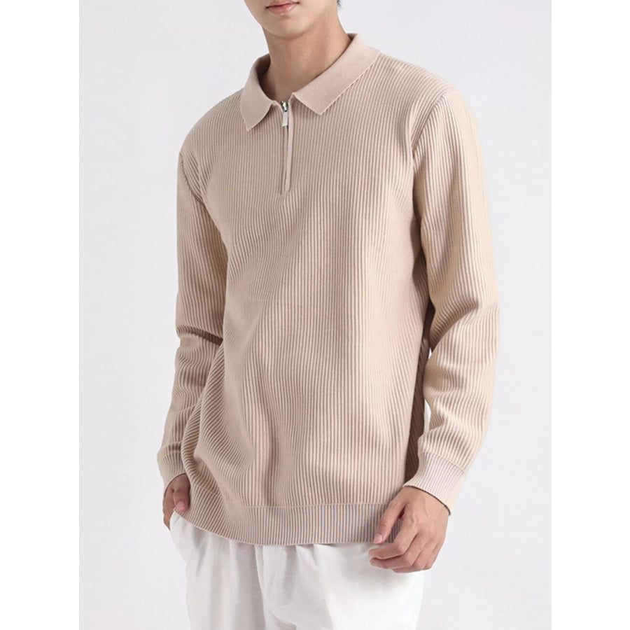 Men’s Plus Size Quarter-Zip Ribbed Knit Top Light Apricot / M Apparel and Accessories