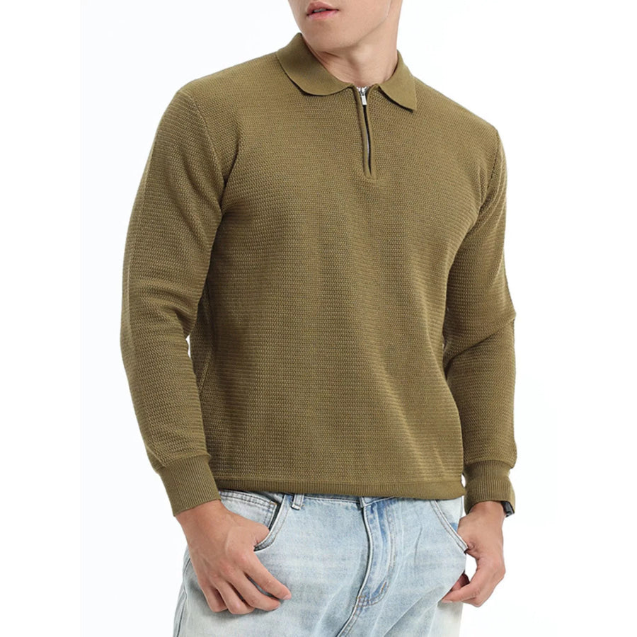 Men’s Plus Size Quarter-Zip Ribbed Knit Top Olive Green / M Apparel and Accessories