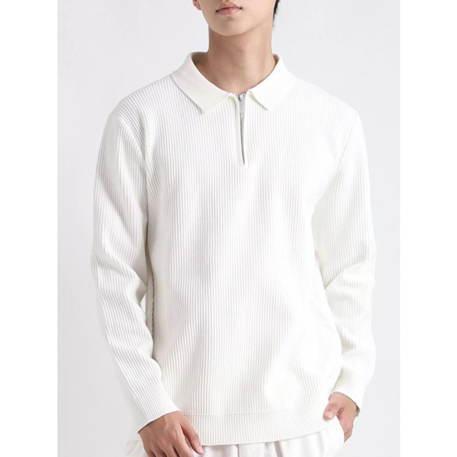 Men’s Plus Size Quarter-Zip Ribbed Knit Top White / M Apparel and Accessories