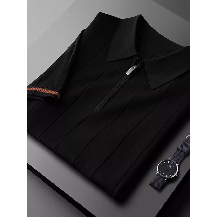 Men’s Plus Size Quarter Zip Short Sleeve Knit Polo Black / M Apparel and Accessories