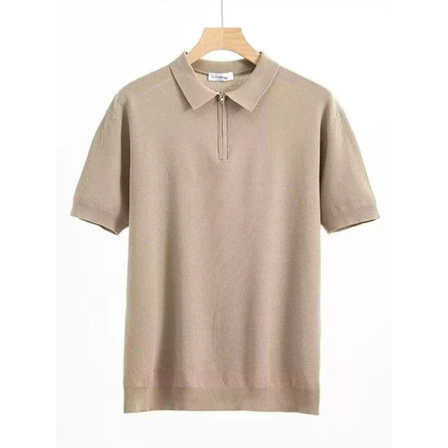 Men’s Plus Size Quarter Zip Short Sleeve Polo Camel / M Apparel and Accessories