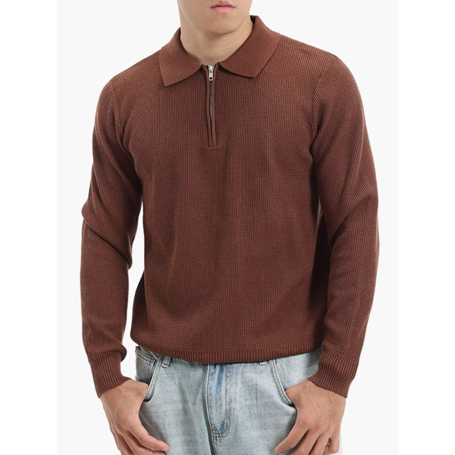 Men’s Plus Size Quarter-Zip Textured Knit Top Brown / M Apparel and Accessories