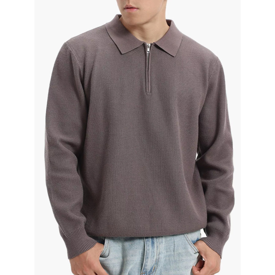 Men’s Plus Size Quarter-Zip Textured Knit Top Dark Gray / M Apparel and Accessories