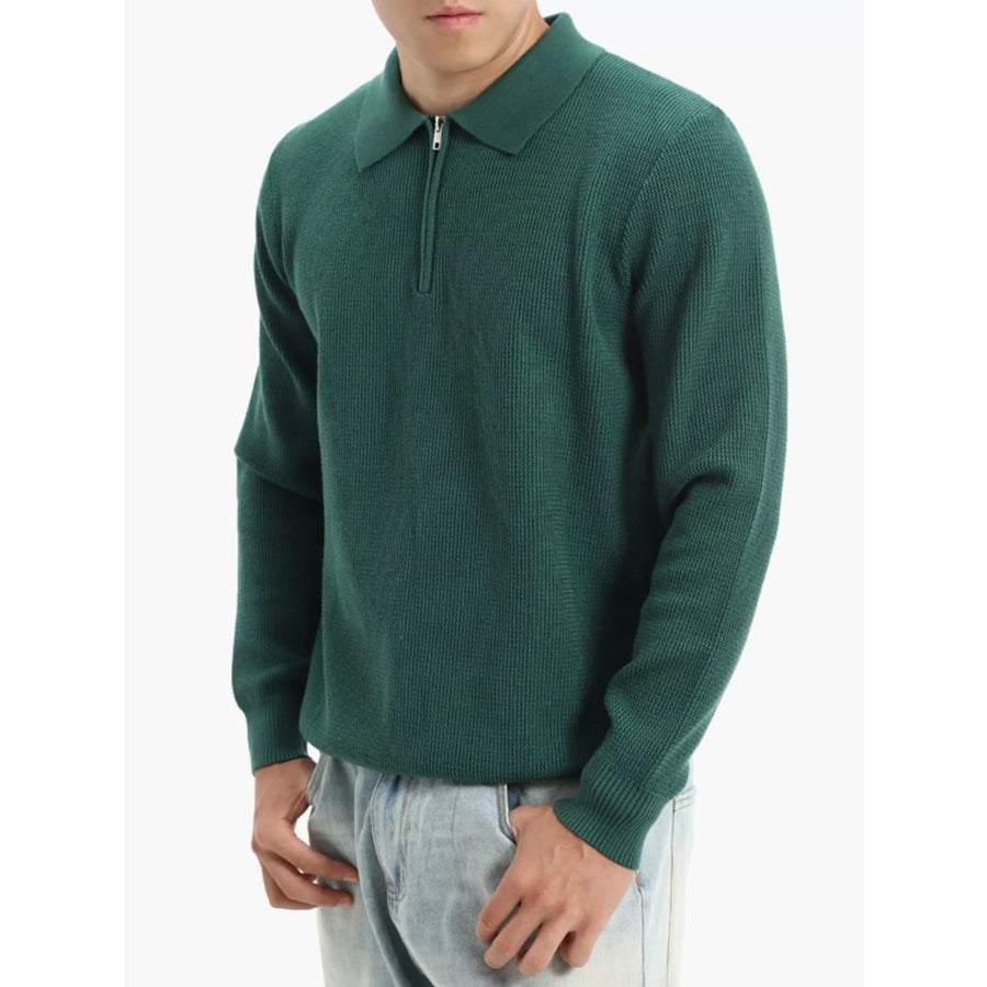 Men’s Plus Size Quarter-Zip Textured Knit Top Dark Green / M Apparel and Accessories