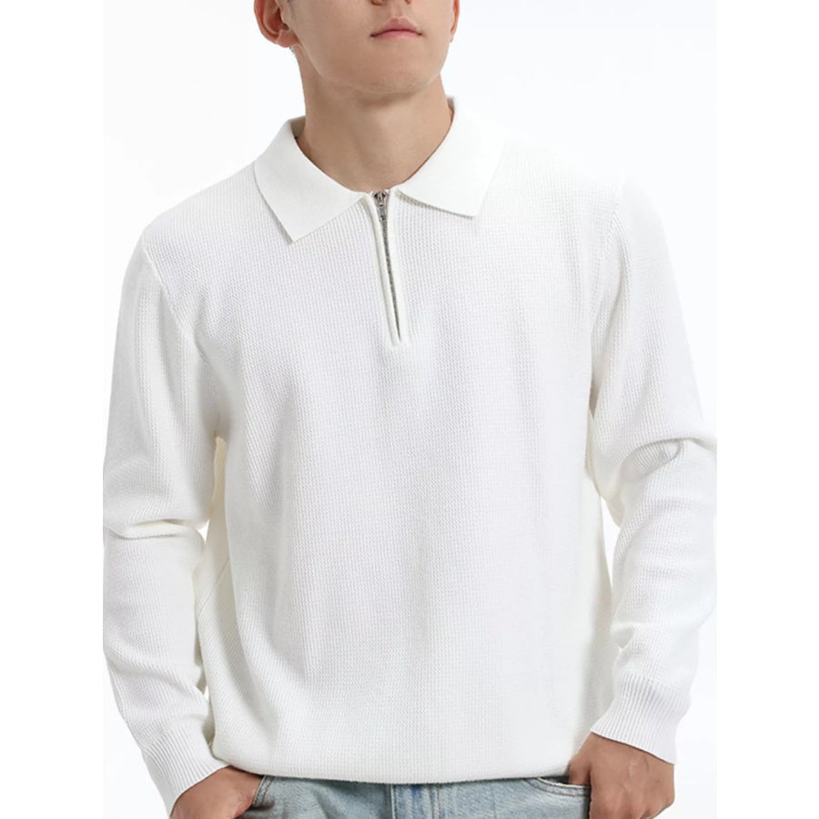 Men’s Plus Size Quarter-Zip Textured Knit Top White / M Apparel and Accessories