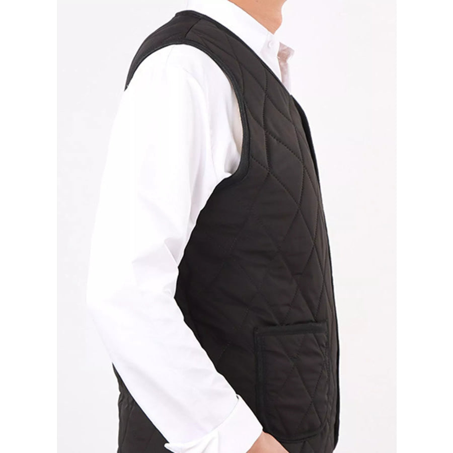 Men’s Plus Size Quilted Thermal V-Neck Button-Down Vest Black-Mens-Square Pocket / 3XL Apparel and Accessories