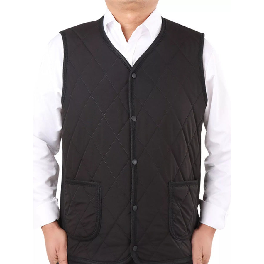 Men’s Plus Size Quilted Thermal V-Neck Button-Down Vest Black-Mens-Square Pocket / 3XL Apparel and Accessories