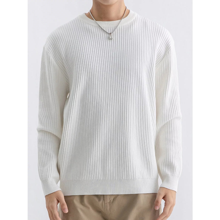 Men’s Plus Size Ribbed Knit Crew Neck Sweater White / M Apparel and Accessories