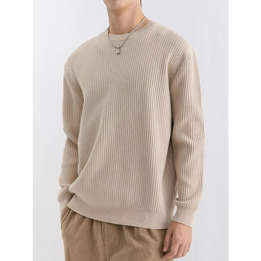 Men’s Plus Size Ribbed Knit Crew Neck Sweater Apricot / M Apparel and Accessories