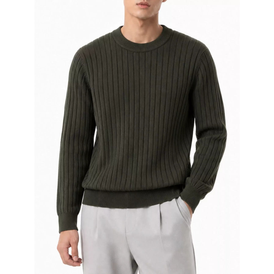 Men’s Plus Size Ribbed Knit Crew Neck Sweater Army Green / M Apparel and Accessories