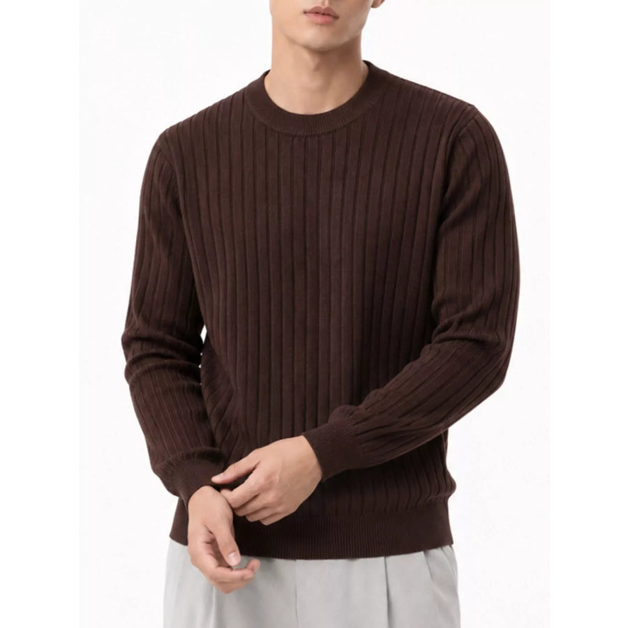 Men’s Plus Size Ribbed Knit Crew Neck Sweater Brown / M Apparel and Accessories