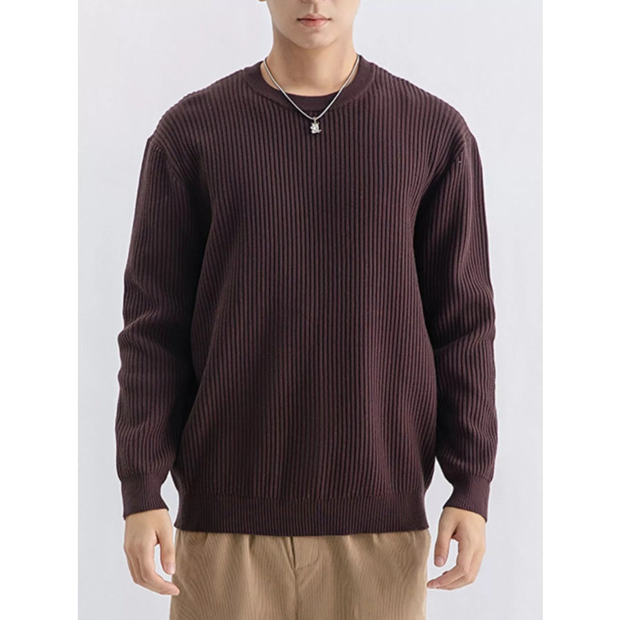 Men’s Plus Size Ribbed Knit Crew Neck Sweater Coffee / M Apparel and Accessories