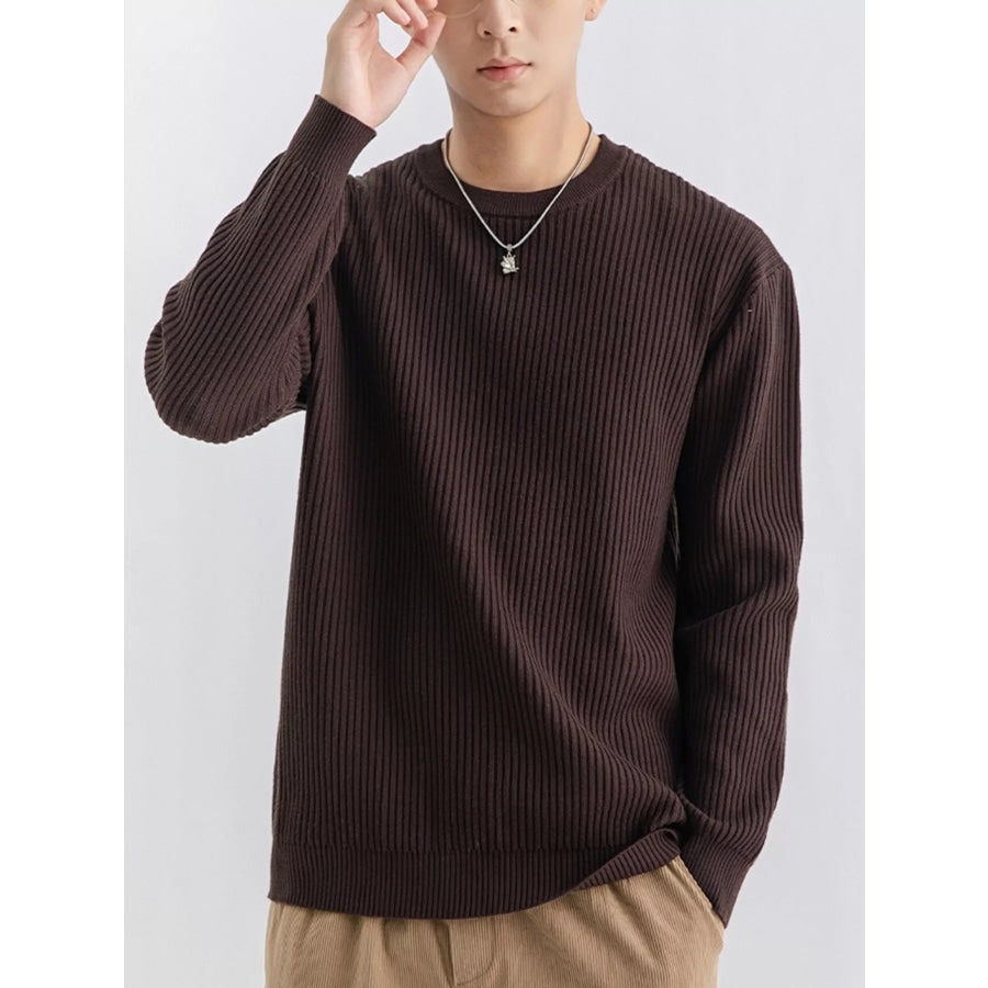 Men’s Plus Size Ribbed Knit Crew Neck Sweater Coffee / M Apparel and Accessories