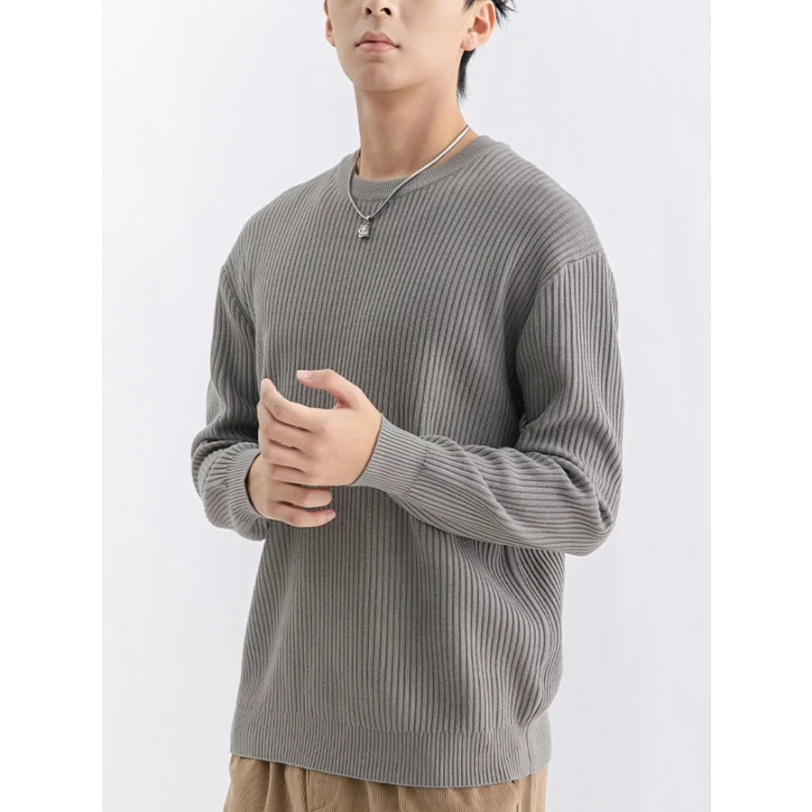 Men’s Plus Size Ribbed Knit Crew Neck Sweater Greyish Green / M Apparel and Accessories