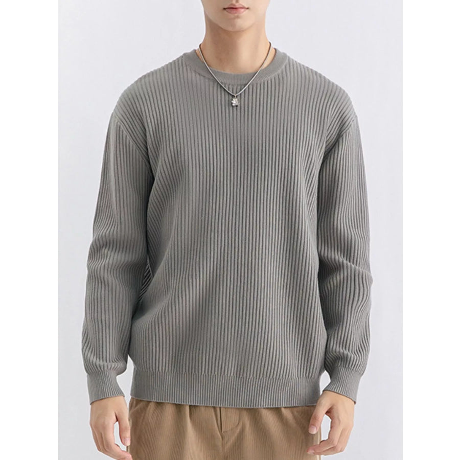 Men’s Plus Size Ribbed Knit Crew Neck Sweater Greyish Green / M Apparel and Accessories