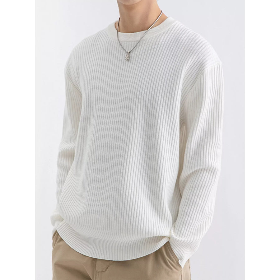 Men’s Plus Size Ribbed Knit Crew Neck Sweater White / M Apparel and Accessories