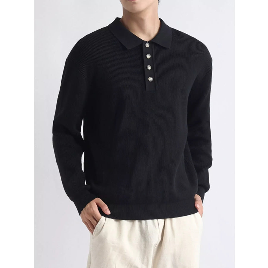 Men’s Plus Size Ribbed Knit Polo Collar Sweater Black / M Apparel and Accessories